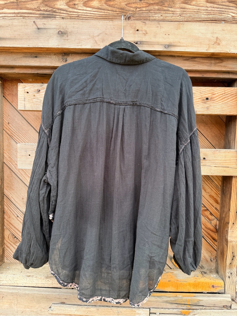 Women's Black Button-Down Shirt with Floral Trim - Picture 4 of 5